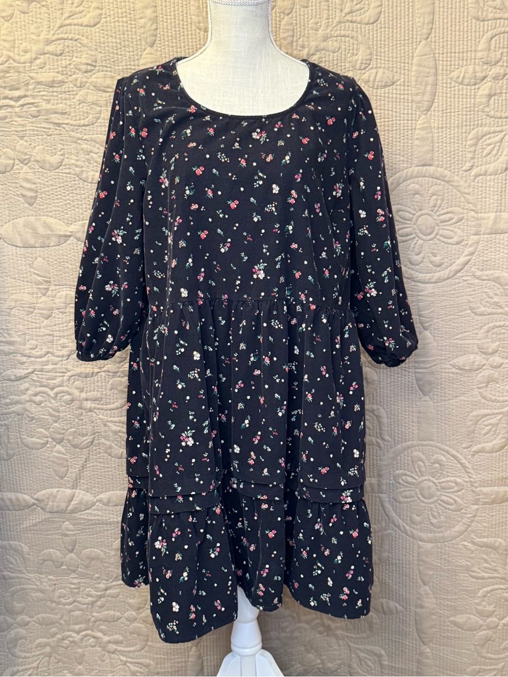 Time and Tru Women’s Black Floral Corduroy Tiered Dress